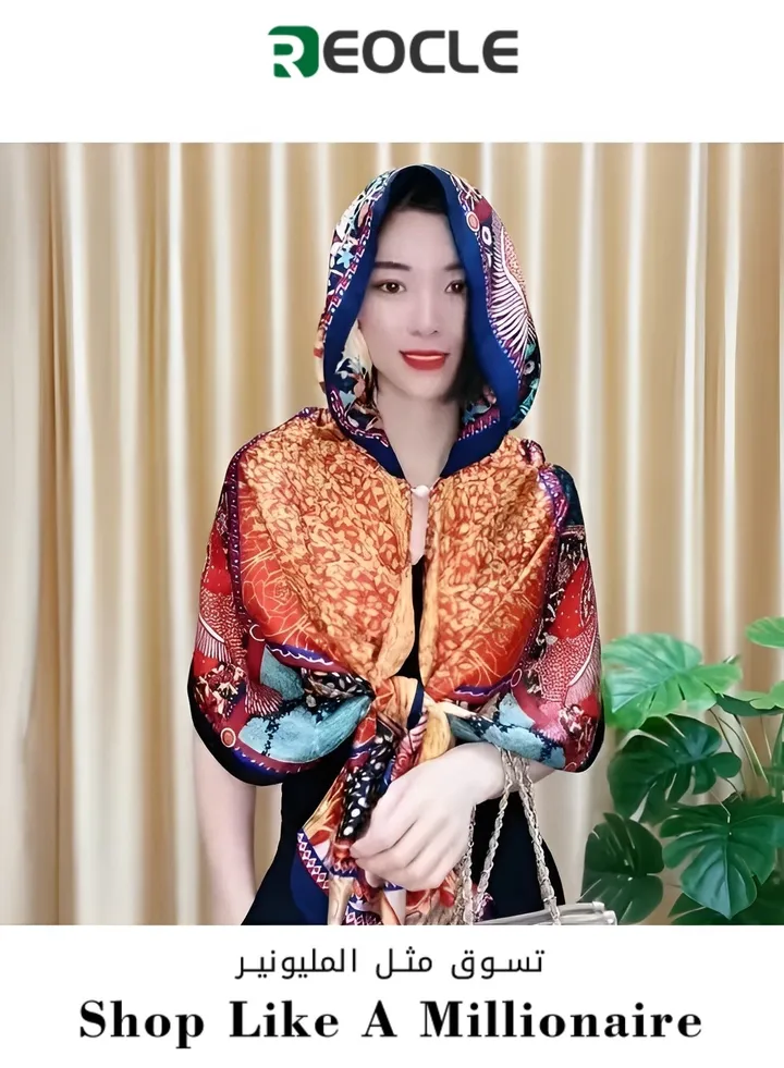 Women's Hooded Cape Hooded Shawl Sun Hat Scarf with Magnetic Buckle & Fashion Print Sun Protection Shawl for Spring Autumn Summer