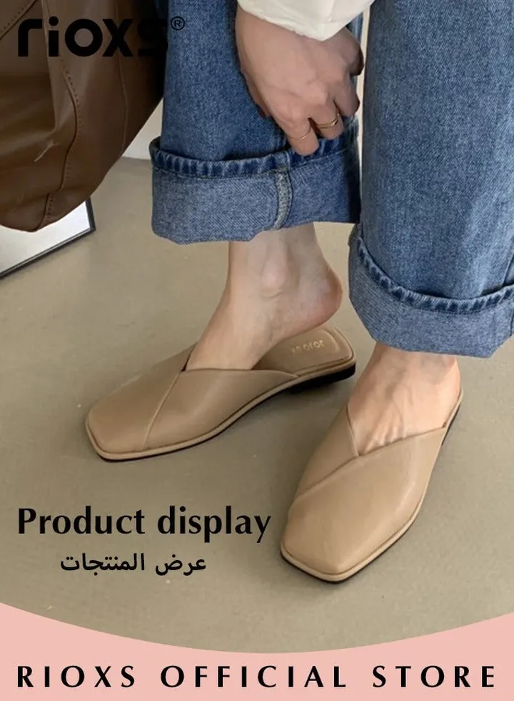 Women's Simple Fashion Cross Line Mules Shoes Low Heel Slippers Square Toe Backless Shoes Slip On Flat Shoes
