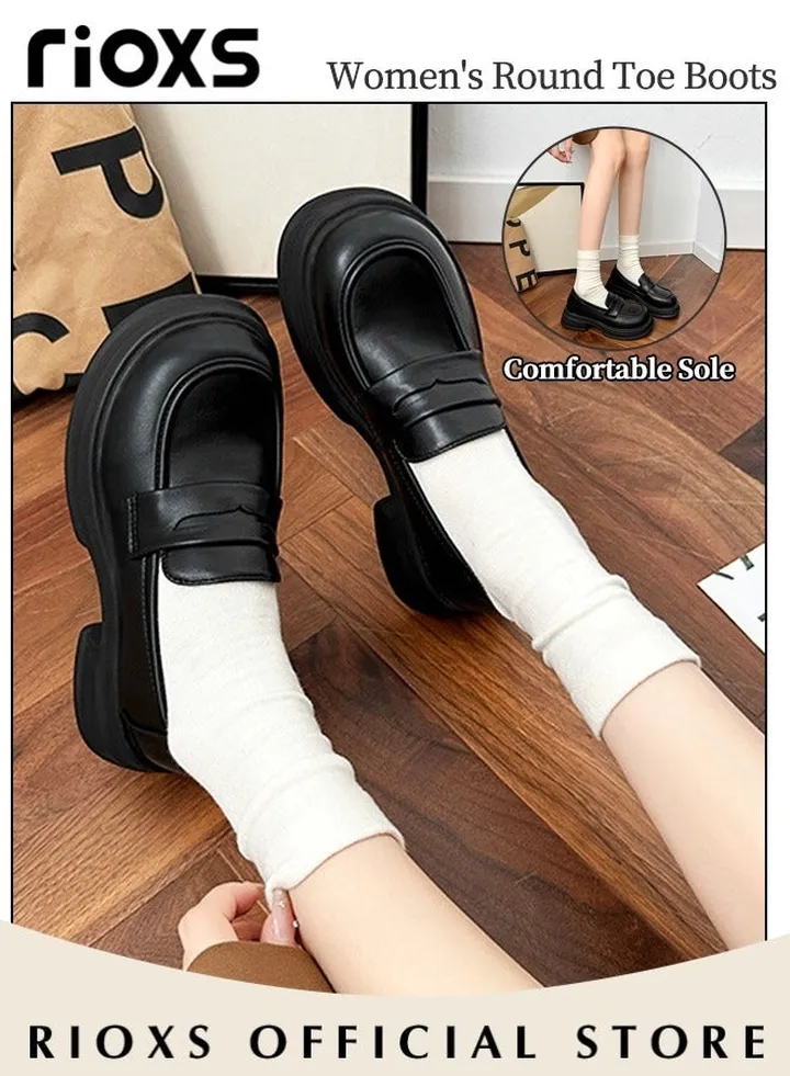 Women's Girls Leather Chunky Platform Loafers Classic Round Toe Penny Shoes for Women to Wear Official Dressing for Business or Work