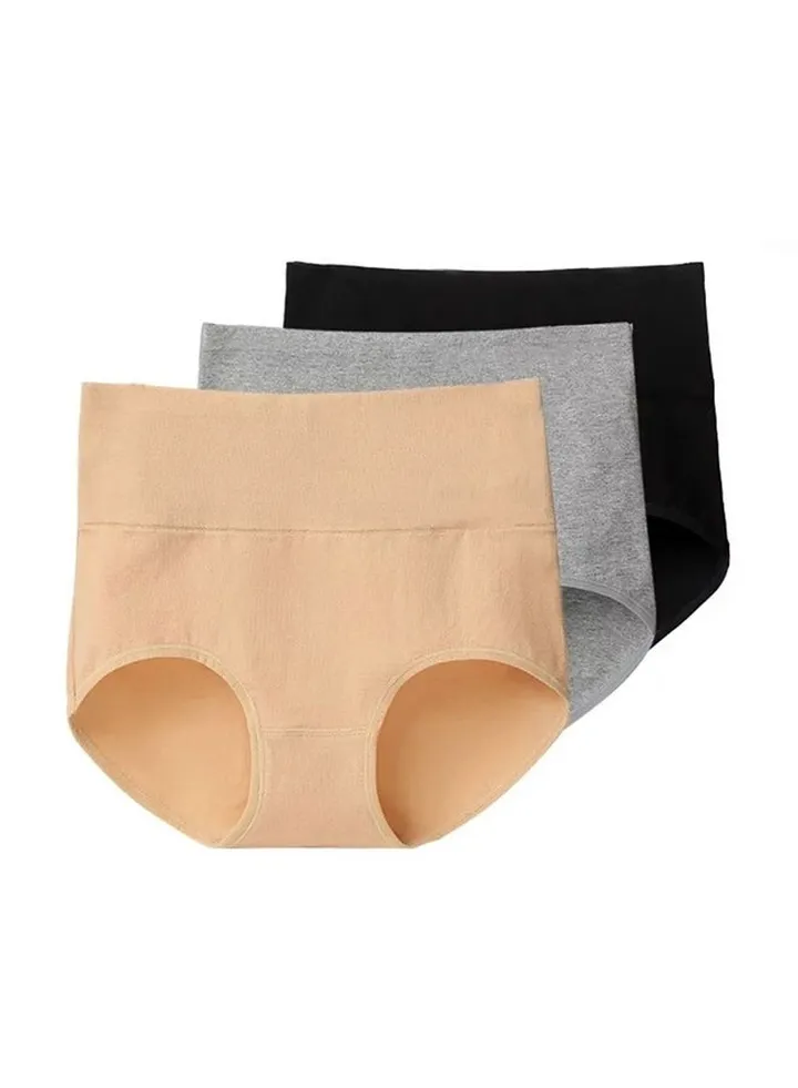 Pack of 3 Women's Cotton High Waist Full Coverage Hipster Panty, Free size Black/Beige/Grey