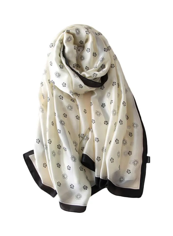 Rose Flower Printed Long Scarf Creamy White