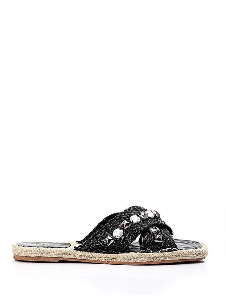 Cross Strapped Straw Slippers With Decorative Studs