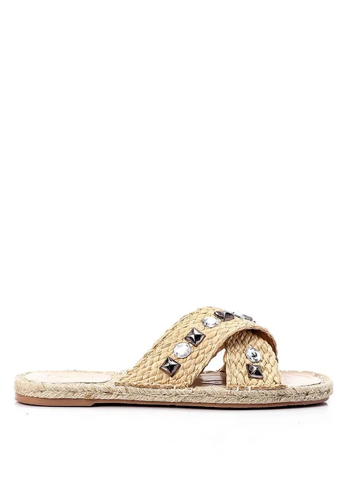 Cross Strapped Straw Slippers With Decorative Studs