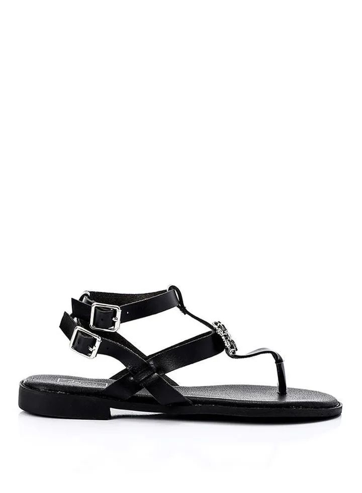 Leather Straps Slipper With Crystal Accents