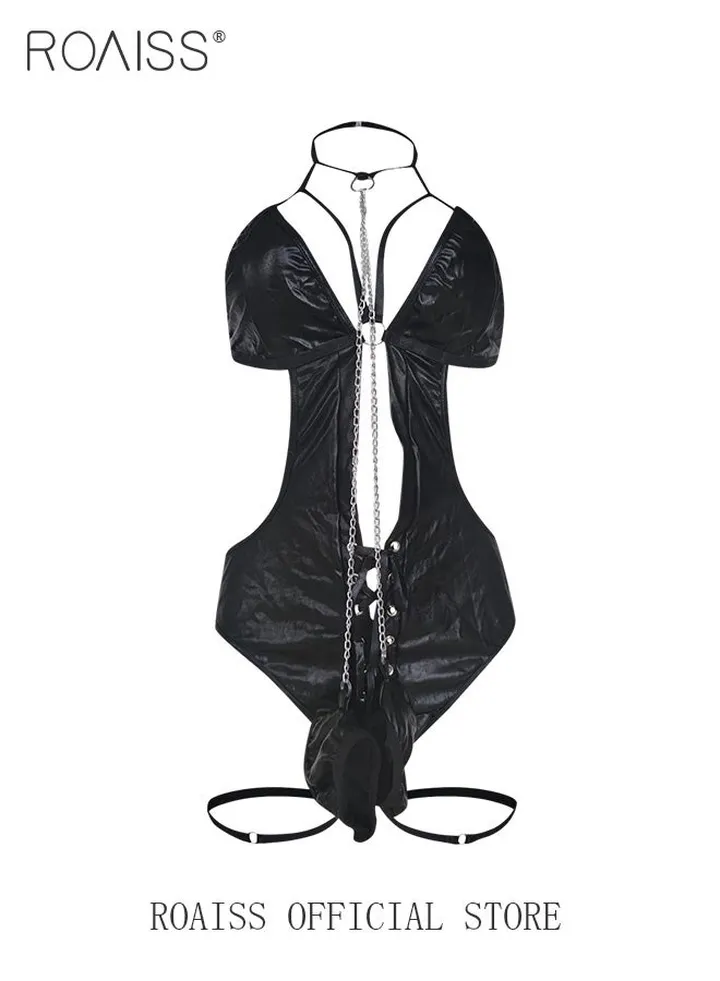 Women's Underwear Women's Patent Leather Hollow Underwear Chain Decorated with Lace Elements