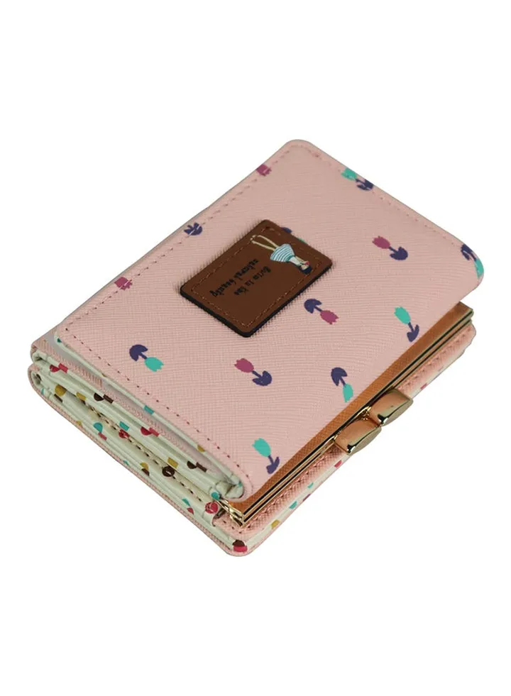 Trifold PU Leather Wallet Pink/Cream