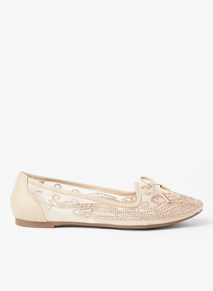Bow Detailed Embellished Ballerina Beige 