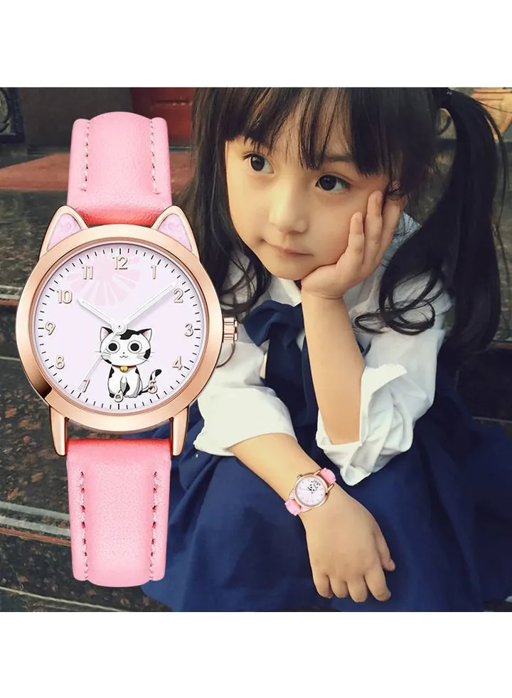 Kids Watches, Children Cartoon Watches Luminous Quartz Watches Cute Cat Pattern Casual Leather Watches for Ladies Fashion Women Gift