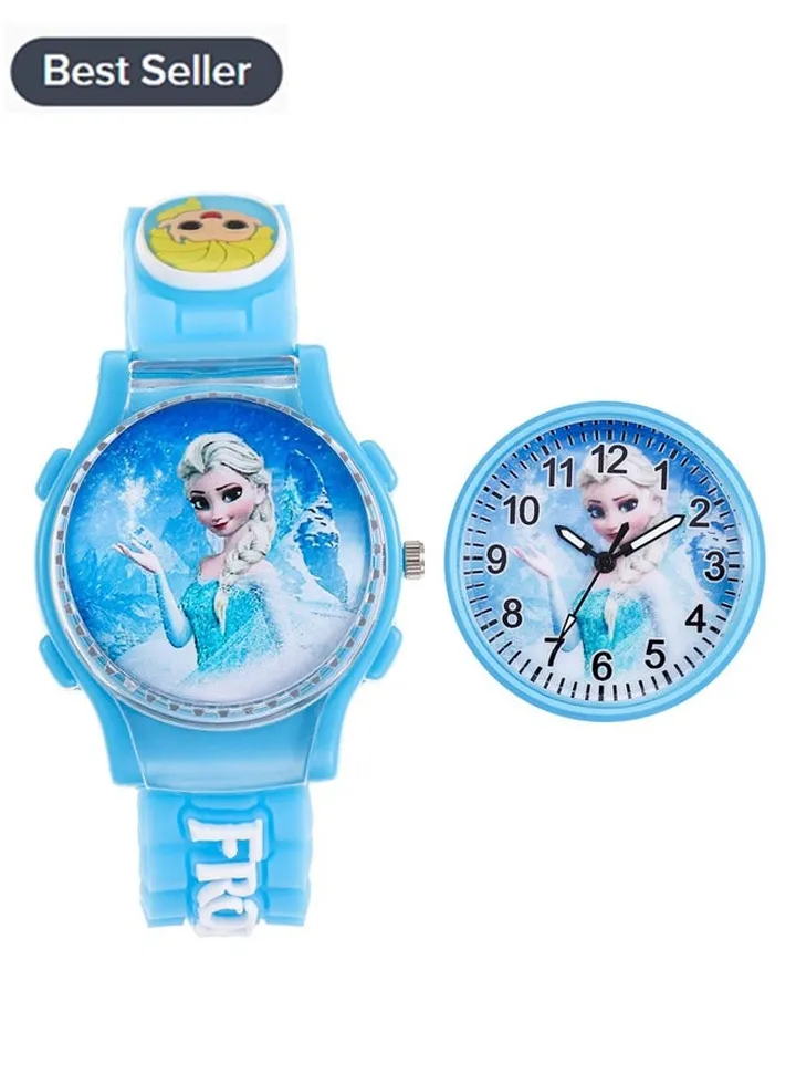 New blue Frozen cartoon flip children's watch (cover can be rotated)