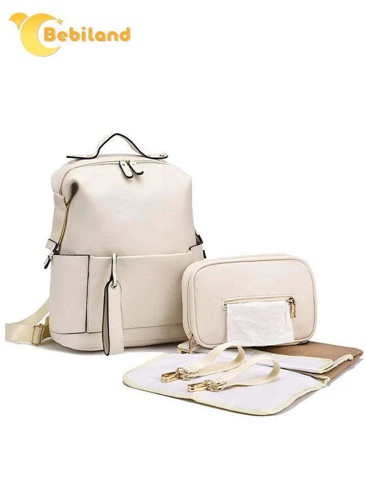 5-in-1 PU Leather Diaper Bag Backpack with Changing Pad, Cosmetic Bag and 2 Stroller Straps, Large Capacity, Waterproof, Stylish Travel Baby Bag for Mom (White)