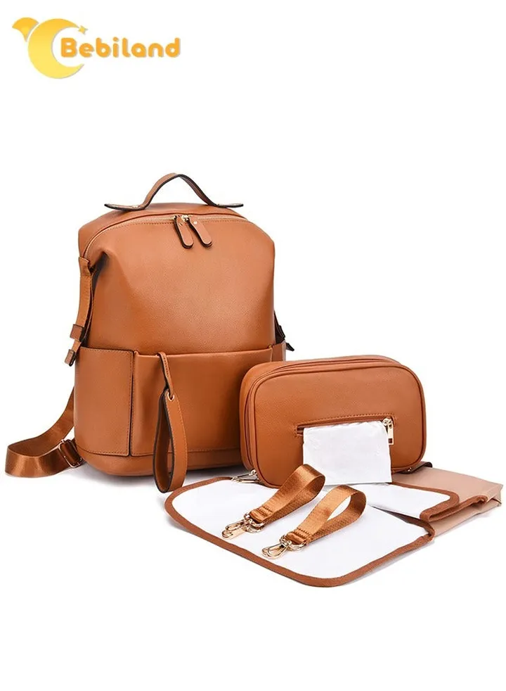 5-in-1 PU Leather Diaper Bag Backpack with Changing Pad, Cosmetic Bag and 2 Stroller Straps, Large Capacity, Waterproof, Stylish Travel Baby Bag for Mom (Brown)