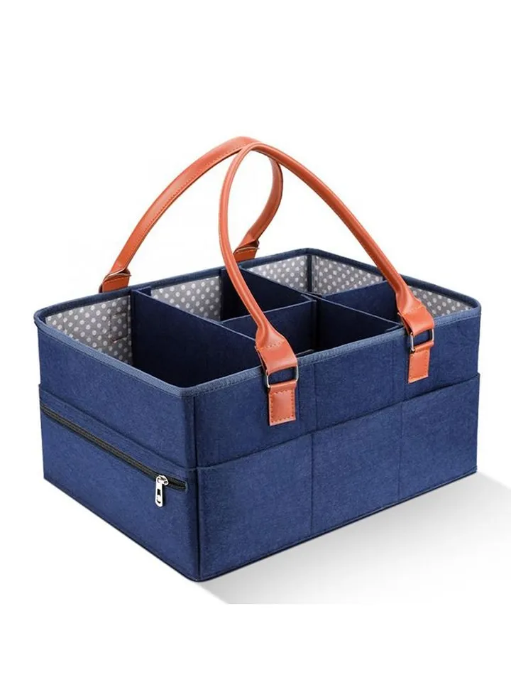 Baby Diaper Caddy Bag With Zipper Lid And Leather Handle Dark Blue