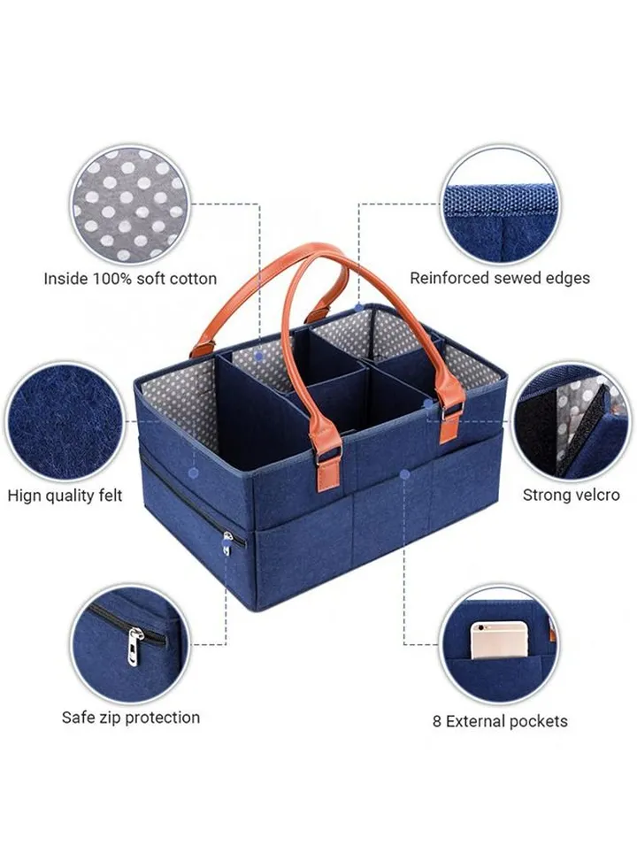 Baby Diaper Caddy Bag With Zipper Lid And Leather Handle Dark Blue