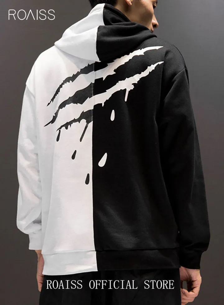 Men's Color Block Pullover Hoodie Long Sleeve Casual Sweatshirt Cool Trends Fall Winter Clothing for Men Activewear Hoodie Boys Outerwear Coat White/Black
