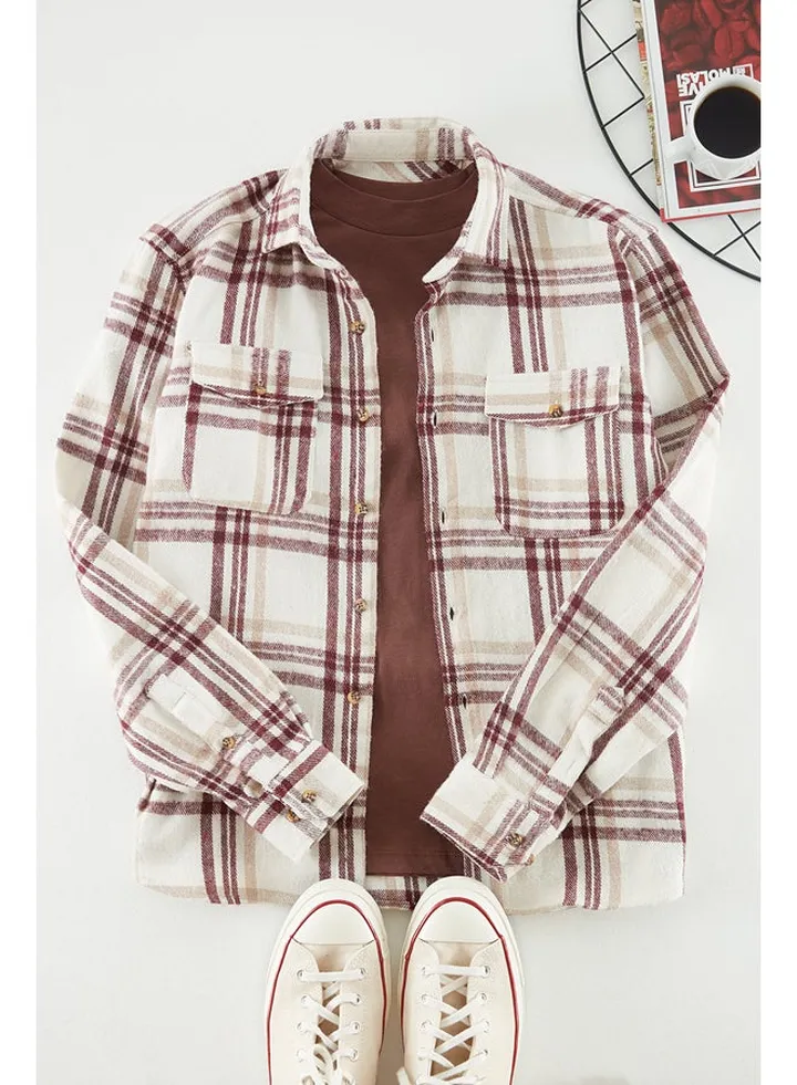 Men's Burgundy Regular Fit Double Pocket Clamshell Lumberjack Plaid Shirt