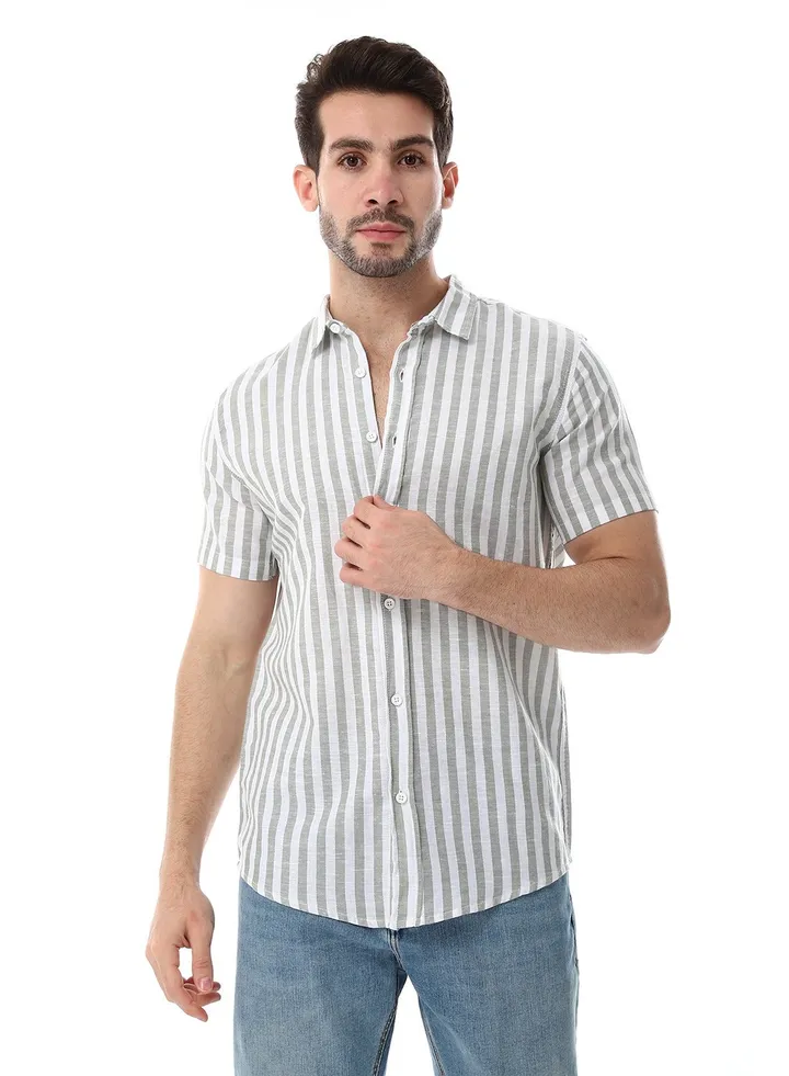 White & Olive Green Awning Stripped Shirt