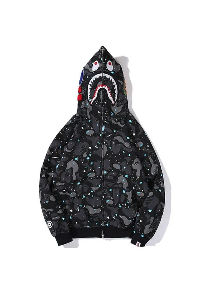 Printed Stylish Hooded Zip Through Black