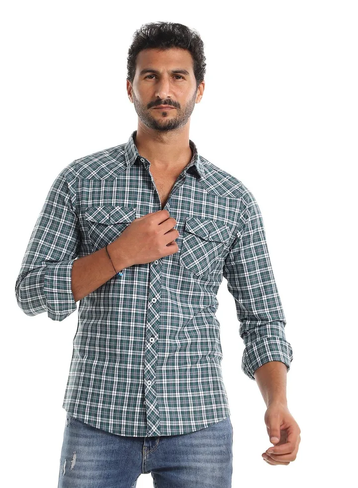 Green, White & Black Tartan Men Long Sleeves Shirt