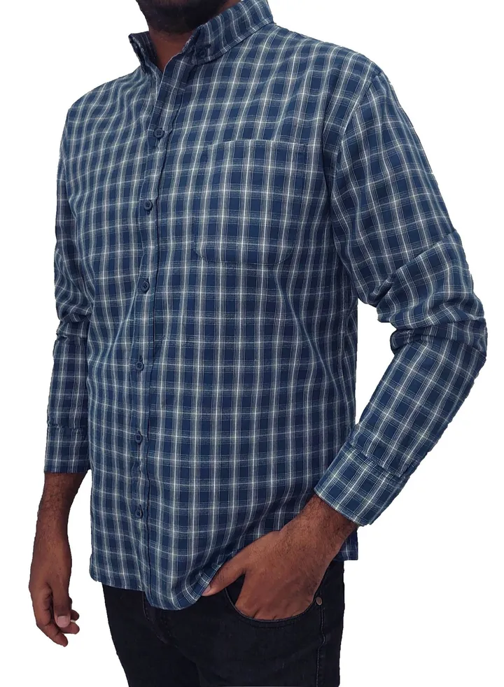 Navy blue cotton check shirt with front pocket from Topaz