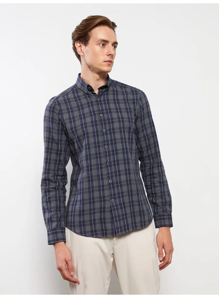 Slim Fit Long Sleeve Plaid Gabardine Men's Shirt