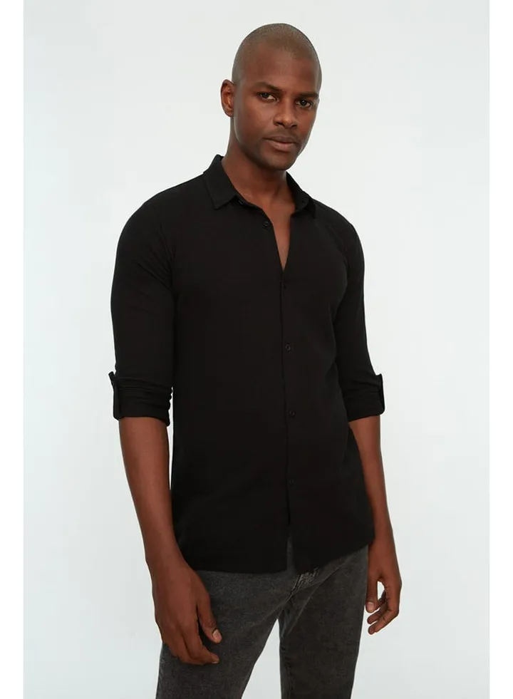 Black Men's Slim Fit Shirt Collar Knitted Piquee Epaulette Shirt.