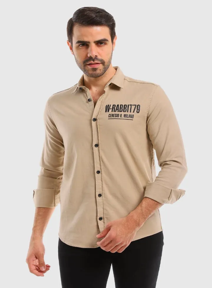 Cuff Long Sleeves Printed Dark Beige Shirt