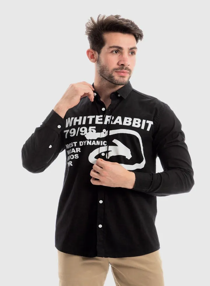 Turn Down Collar Long Sleeves Printed Shirt - Black