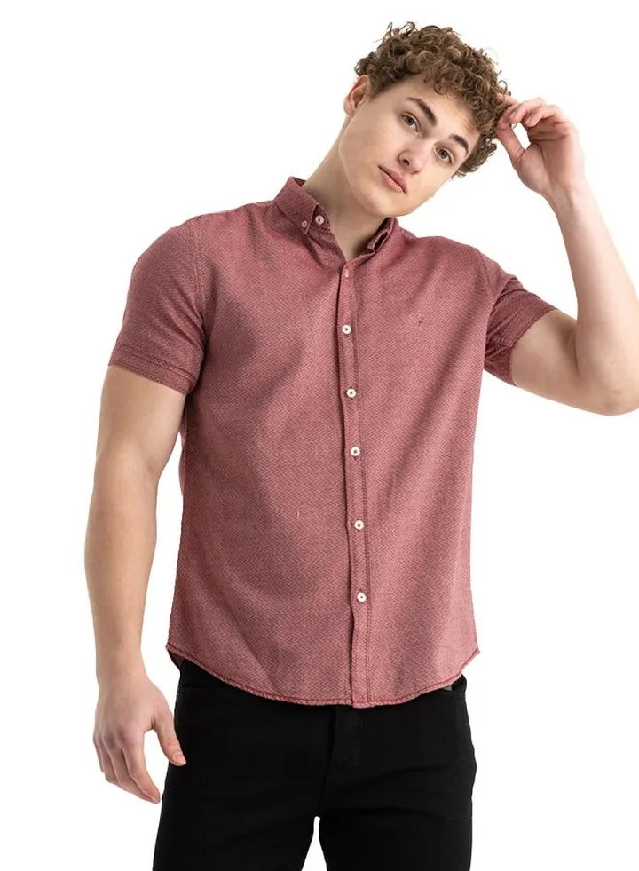 Shirt Men's Stylish Half-sleeve Plaid Oxford, Burgundy