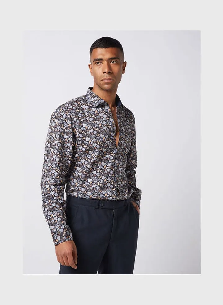 Casual Floral Long Sleeve Shirt Dark Blue