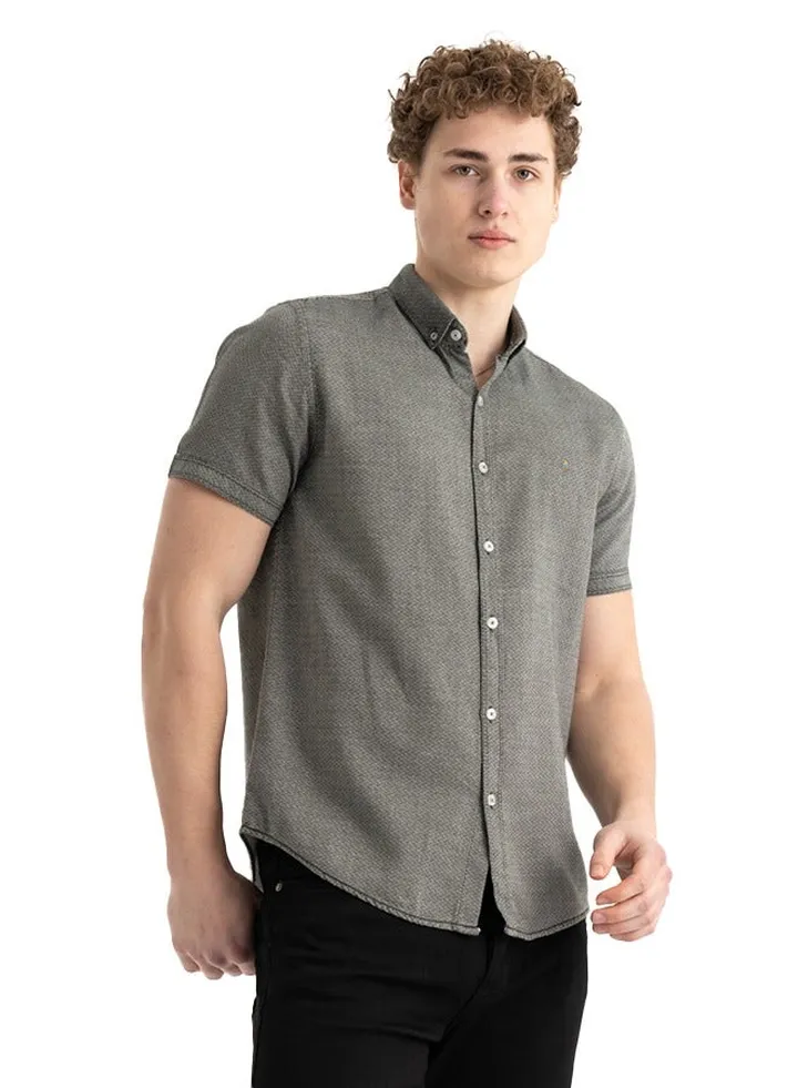 Shirt Men's Stylish Half-sleeve Plaid Oxford Cotton, Olive
