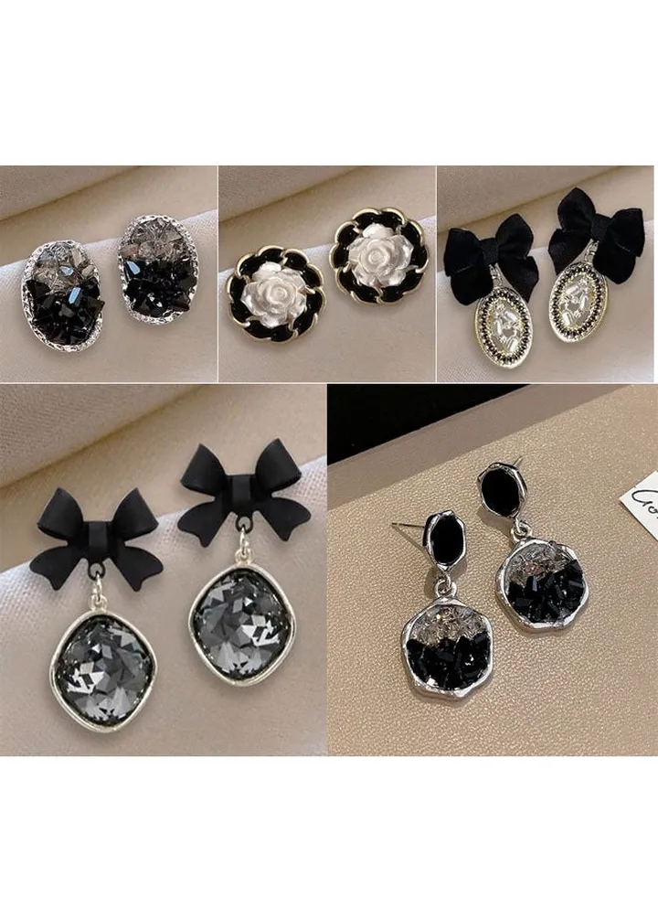 5 Pairs Of Black Earrings For Women -2023 New Butterfly Combination Gold Allergy Resistant Earrings