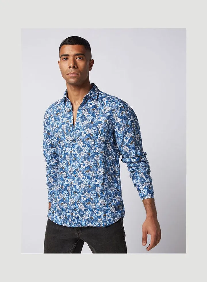 Casual Floral Long Sleeve Shirt Blue