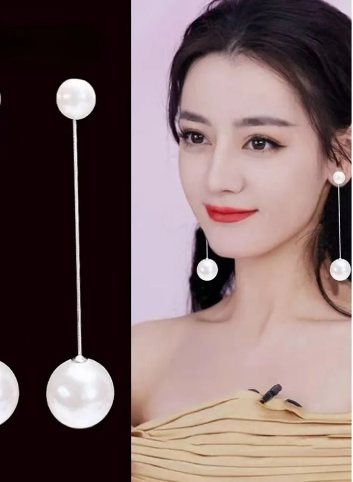 Stainless steel 18K gold plated non fading sterling silver needle long large pearl earrings