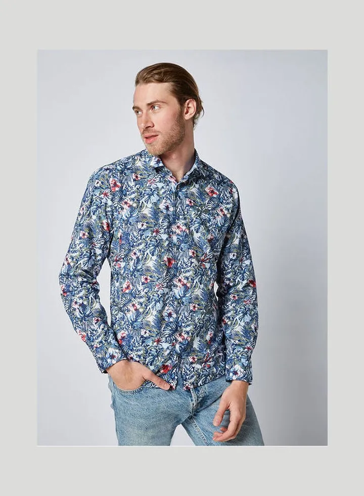 Casual Floral Long Sleeve Shirt Blue