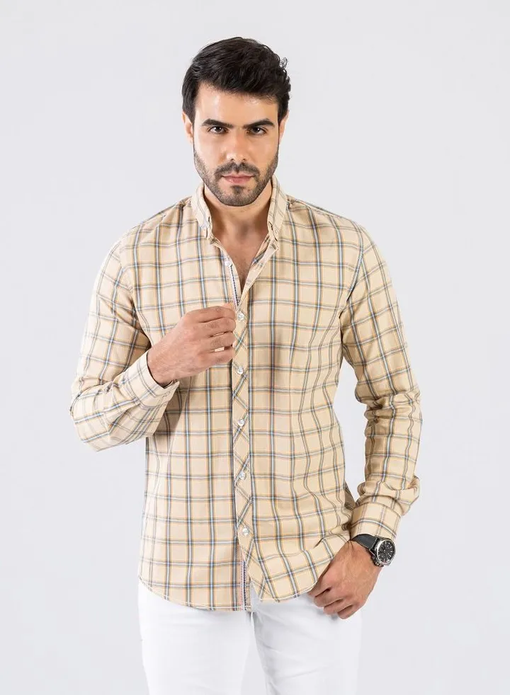Men's Shirt - Made Of Cotton - Beige - Multicolor