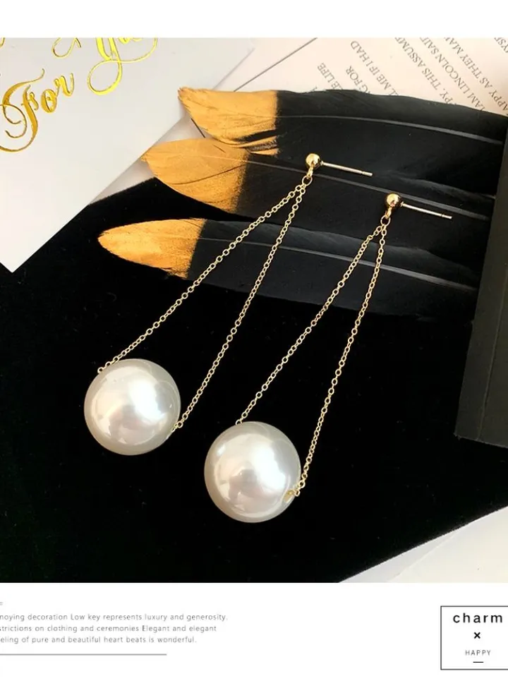 Stainless steel 18K gold-plated non-fading long personality large pearl earrings high-end exaggerated earrings