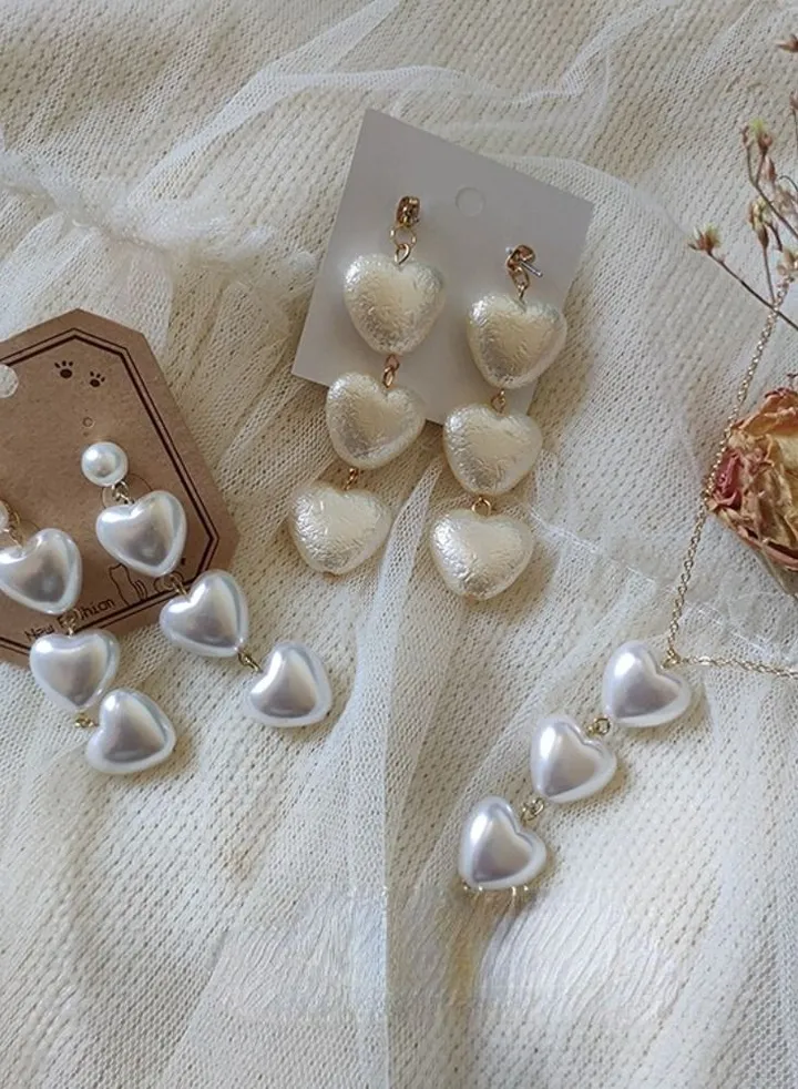 925 sterling silver needle Japanese celebrity kastane same style three love pearl fold imitation pearl earrings