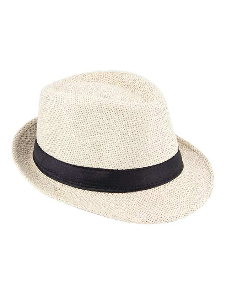 Fedora Trilby Straw Panama Style Packable Travel Sun Hat Beige/Black