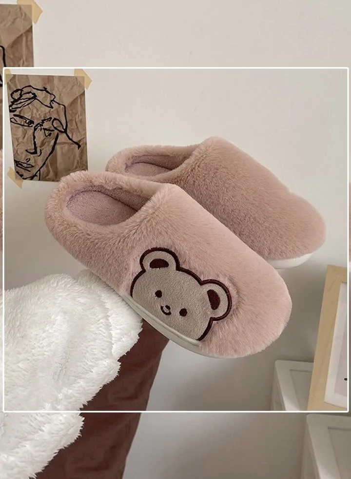 Lovely Bear Design Female Cotton Slippers Autumn And Winter Home Indoor Non-Slip Thick Comfot Soft Bottom Warm Bedroom Slippers for Women Pink