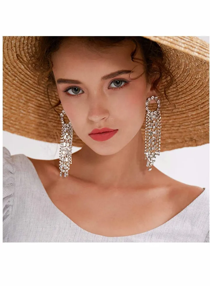 Fashion Earrings, Women Earrings, Silver Needle Rhinestones tassel earrings, Personalized Zircon Flash Diamonds, Silver Tassel Full Long Chain Drop Dangle Earrings, for Women