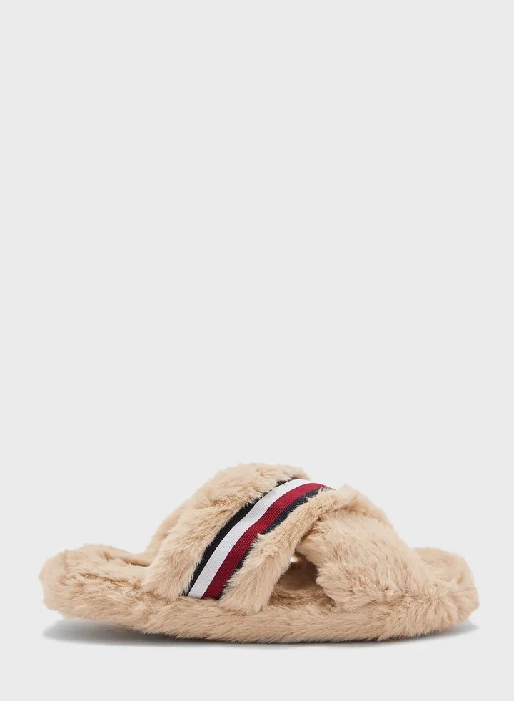 Fur Cross Strap Bedroom Slippers