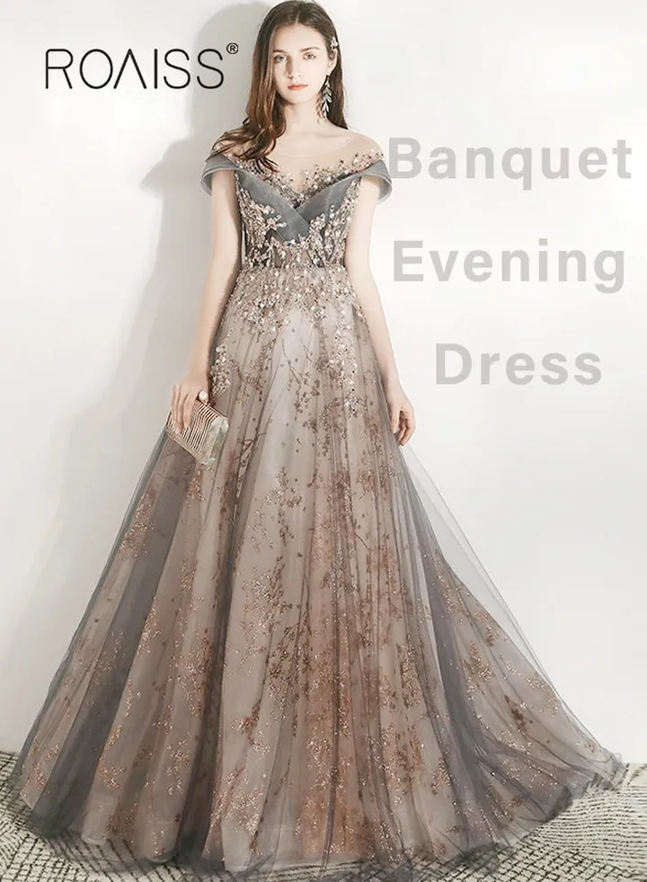 Luxury Wedding Evening Dresses Floor-Length Off Shoulder Prom Ball Gown Wedding Pearl Mesh Elegant Slim Long formal Dresses Beading Bridesmaid Dress
