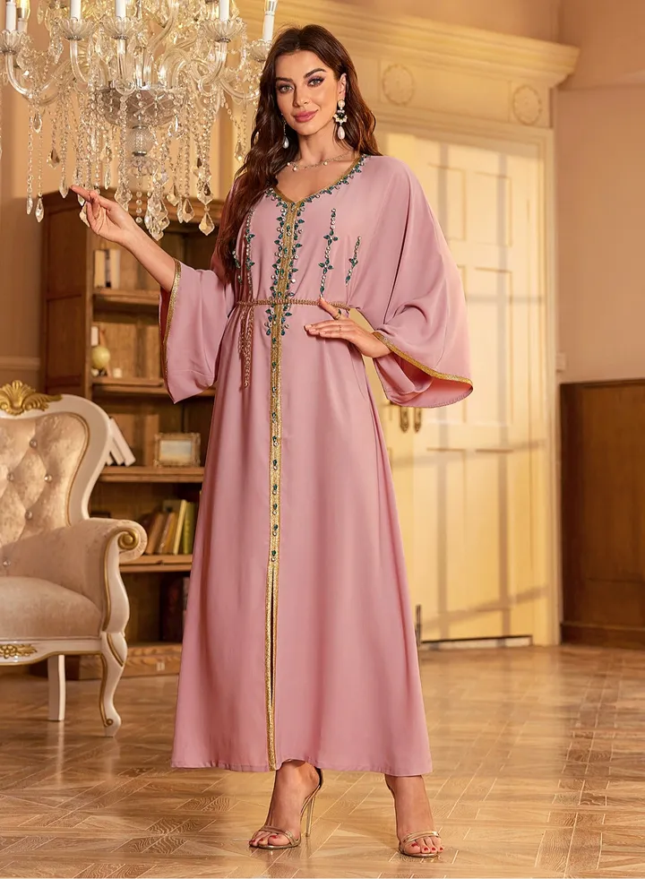 Hand-Stitched Diamond Dress Abaya Pink