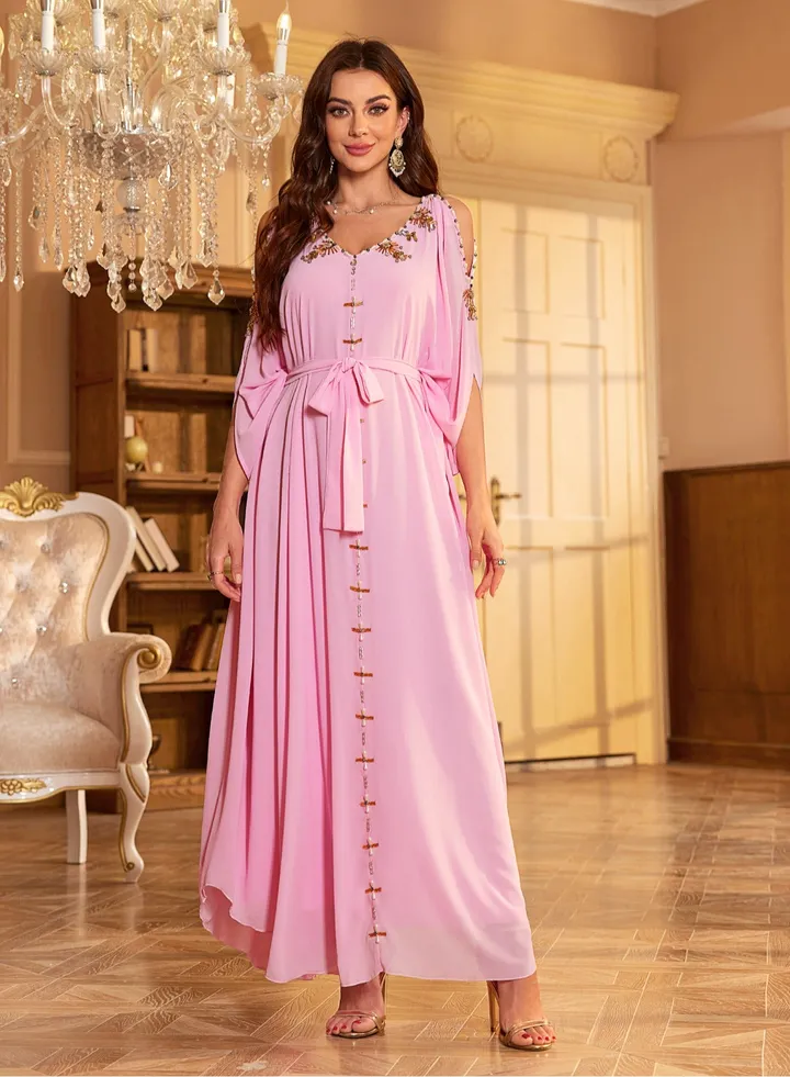 Hand-Stitched Diamond Dress Abaya Pink