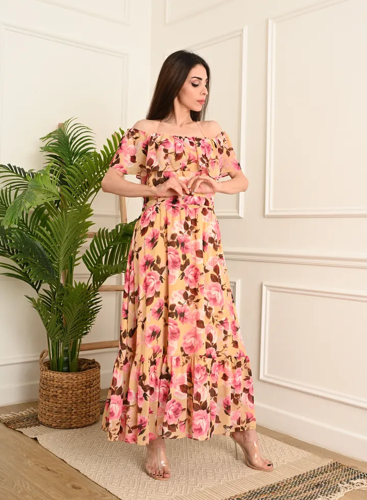 Women Elegant long floral dress with a tie on the waist