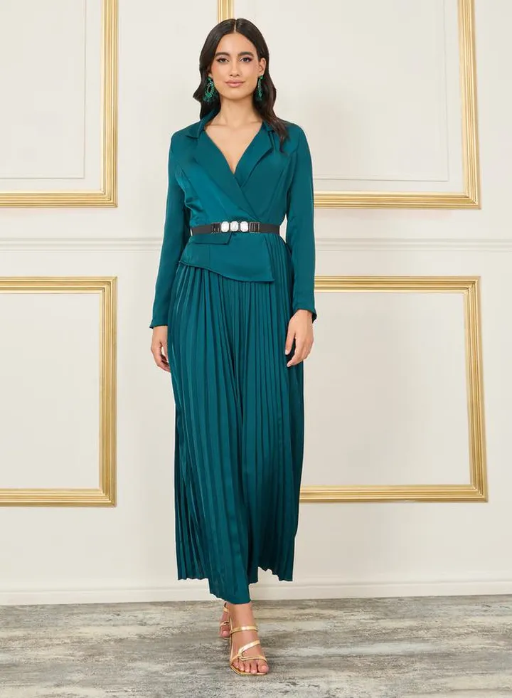 Gemstone Belted Pleated Blazer Midi Dress