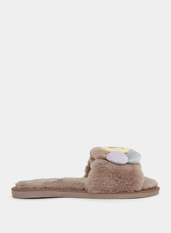 Faux Fur Smiley Face Flower Bedroom Slippers