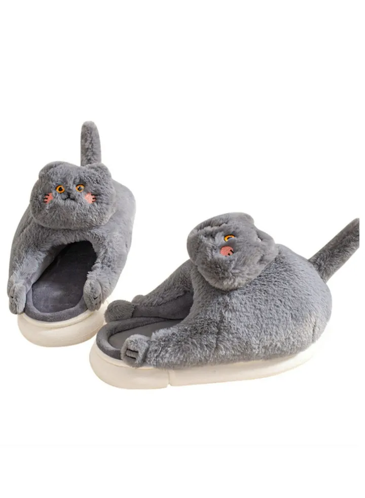 Cat Plush Slippers for Women, Furry Cat Slippers for House, Plush Home Indoor Winter Warm Shoes, Full Body Cat Cartoon Slides Bedroom
