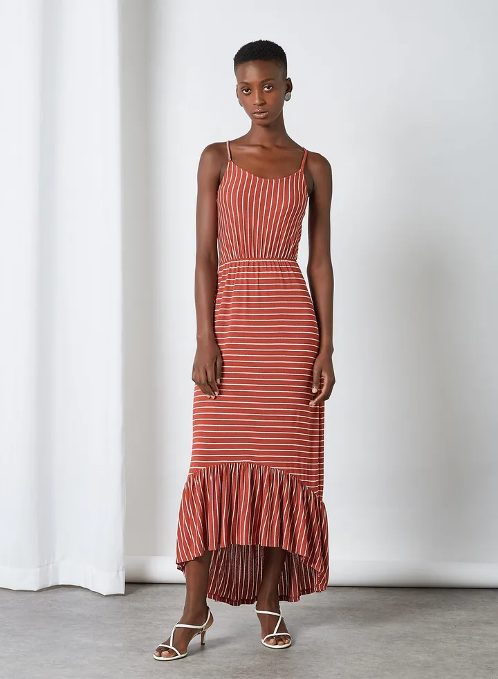 Ruffle Hem Striped Dress Chili Oil