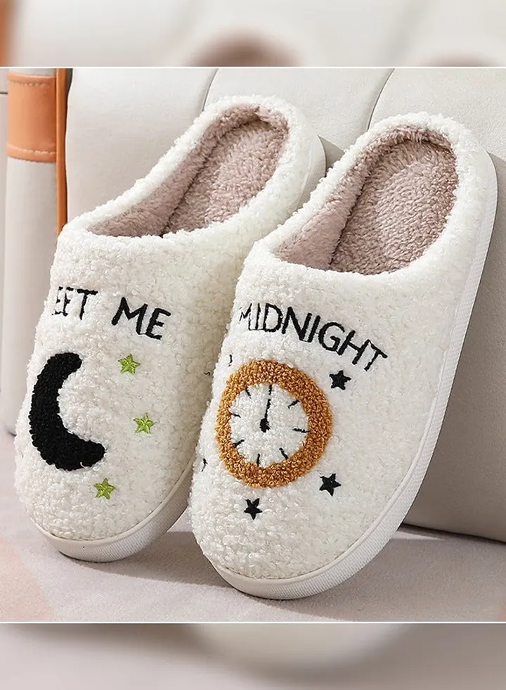 Meet Me at Midnight Bedroom Slippers for Women Men Couple Plush Fuzzy Cozy House Autumn and Winter Warm Indoor Outdoor Lightweight Soft Slides